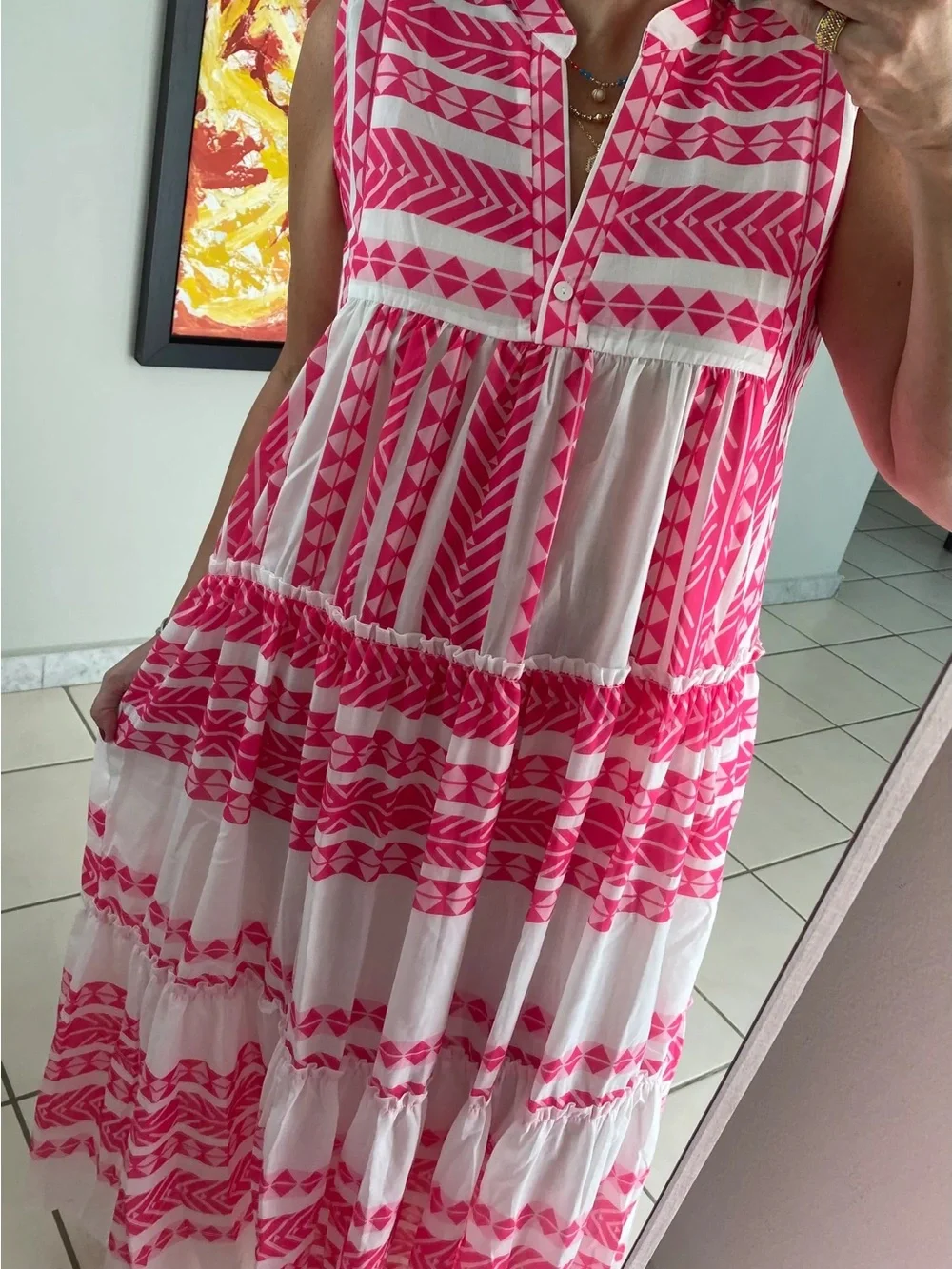 Zele White Maxi Dress with Hot Pink Embroidered Stripes - Picture 4 of 9